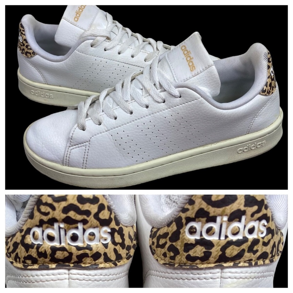 Adidas Advantage Womens 8.5 Sneakers Shoes White Animal Print Leather